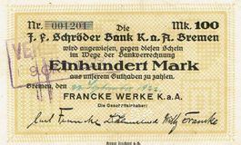 Bremen Francke Werke 100 Mark 09.1922 VZ+-VZ++