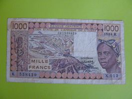 Banknote 1000 Francs 1986, Westafrika, gebraucht