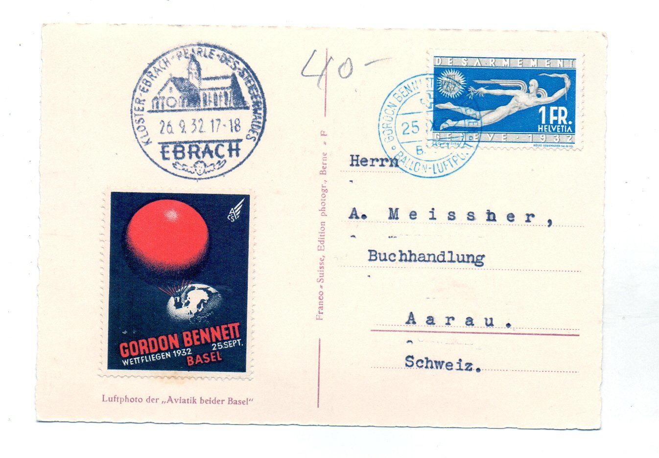 Cartoline postali: Zeppelin über Basel 1932 - Gordon Bennett – Usato da Tagelswangen venduto da Miski 1
