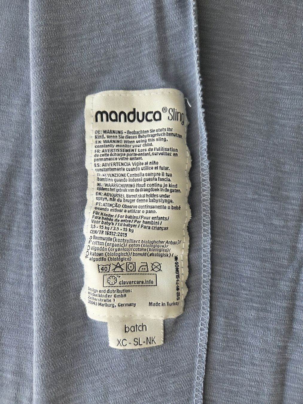 Manduca Marsupi portabebè: Manduca Sling Tragetuch hellblau, fast neu, Bio-Baumwolle – Usato da Au ZH venduto da tis_8fmn 2