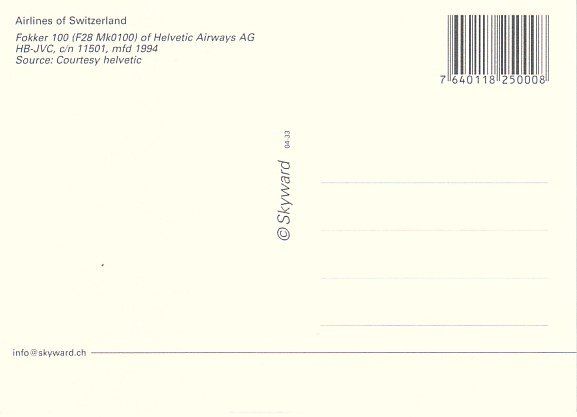 Cartoline postali: Fokker 100, Helvetic Airways – Usato da Zuerich venduto da OceanLinerPostcards 1