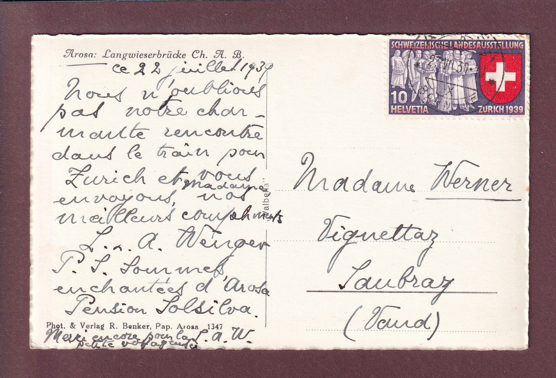 Cartoline postali: Arosa - LANGWIESER-VIADUKT - 1939 – Usato da Pully venduto da nicecards 1