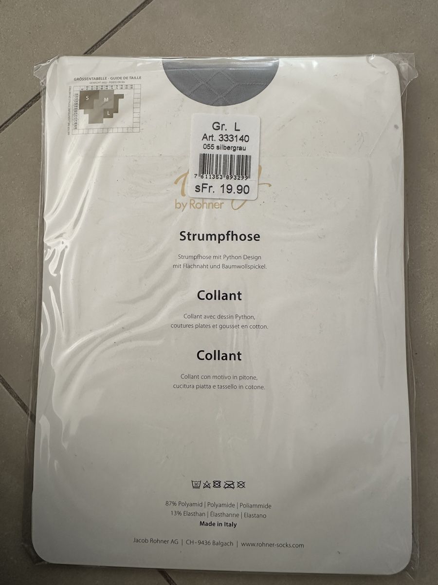 Calze & Collant: Schöne hellgraue gemusterte Strumpfhosen – Nuovo e nell'imballaggio originale da St. Margrethen SG venduto da Leila026 1