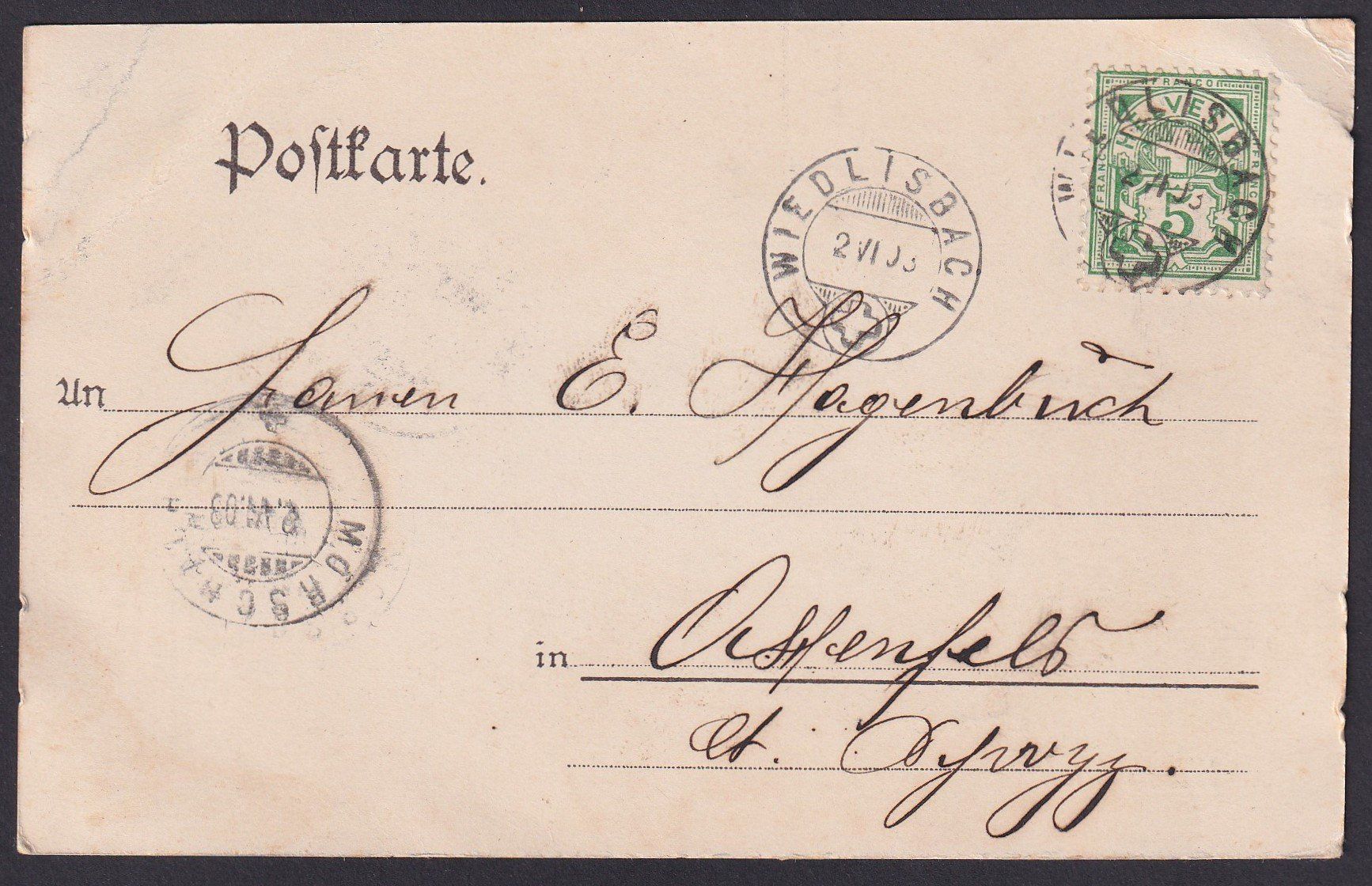 Cartoline postali: WIEDLISBACH 1903, uralte Ansichtskarte, Dorfmitte, belebt – Usato da Ebikon venduto da SilvioFreund 1