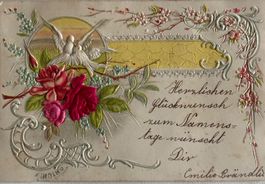 Prägedruck, Seide, Rosen, Tauben, Liebe