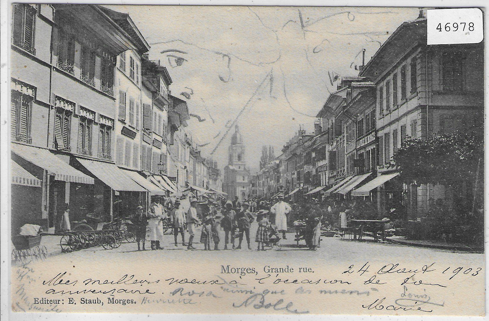 Cartoline postali: Morges - La Grand'Rue - animee 1903 – Usato da Ettingen venduto da Kartenplanet