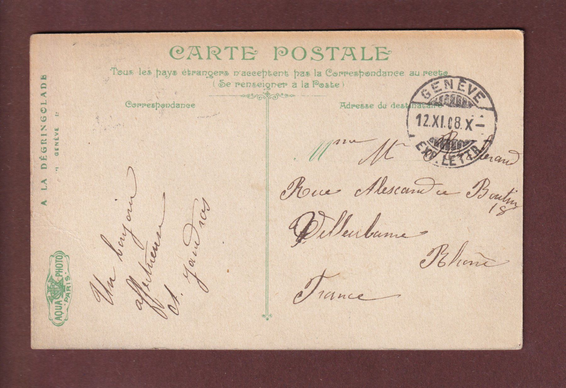Ansichtskarten: GENEVE - Place Bel-Air - 1908 – Gebraucht aus Pully von nicecards 1