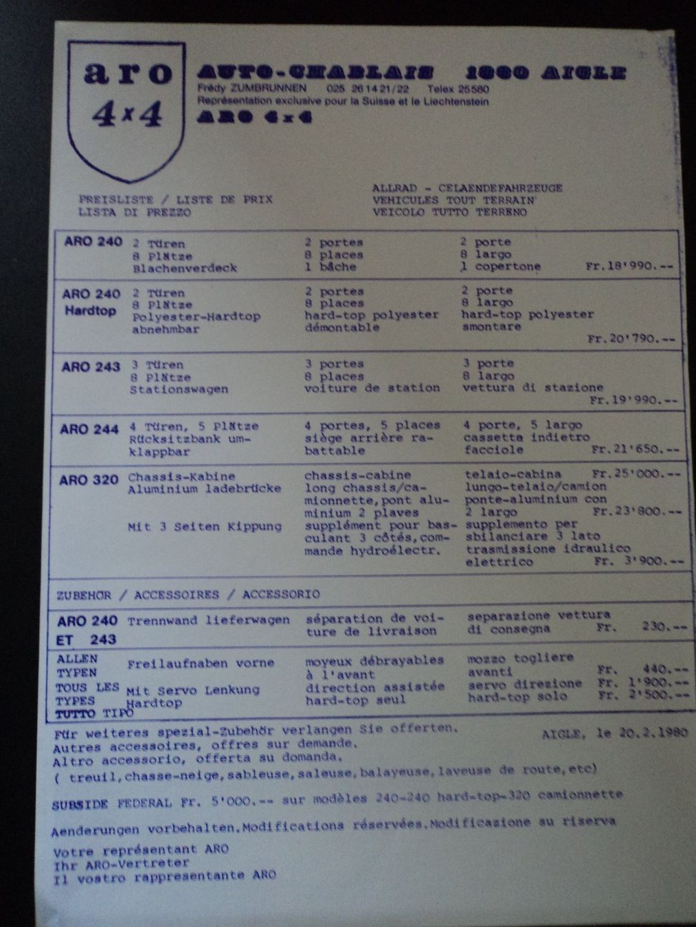 Documenti: Prospekt Preisliste ARO 4x4 1980 – Usato da Schwarzenburg venduto da modelCARama 2