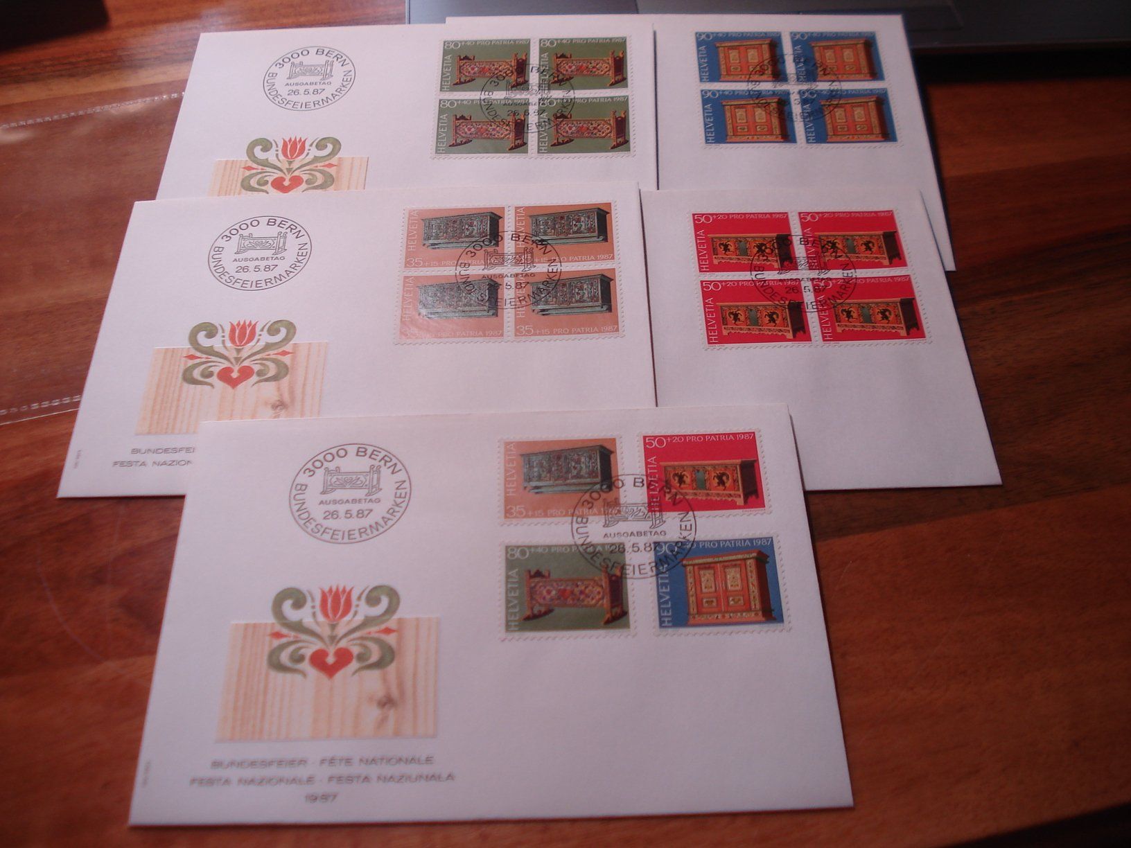 Alle Briefmarken: Pro Patria 1987, FDC Satz + 4erblocks, Bauernmöbel – Gebraucht aus Niederwil AG von morostahu 1