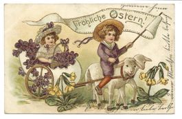 Fröhliche Ostern - Lämmer ziehen Eierwagen  Präge-Litho 1906