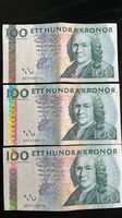 3er Serie unzirkulierter schwedischer 100 Kronen Banknoten