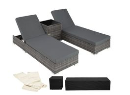 2 Polyrattan Sonnenliegen + Tisch mit Schutzhülle + 2 Bezüge