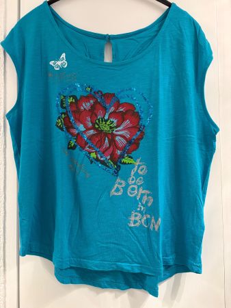 Desigual Oberteil/Shirt, türkisblau, XL,Blumenprint/bestickt