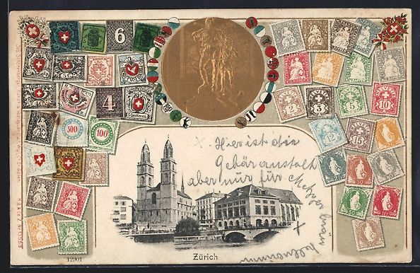 Cartoline postali: Zürich, Teilansicht u. Passepartoutrahm – Usato da Berlin venduto da bartko-reher