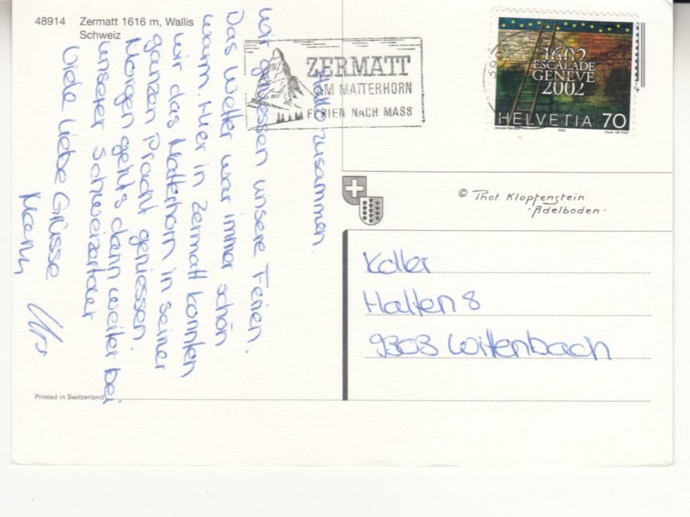 Cartoline postali: Zermatt 2002 – Usato da Bürglen TG venduto da StampGraf 1