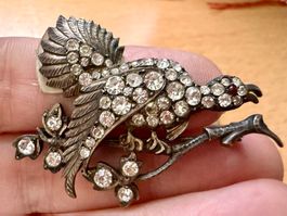 Antike Vogel-Brosche mit Strass, 925er Silber