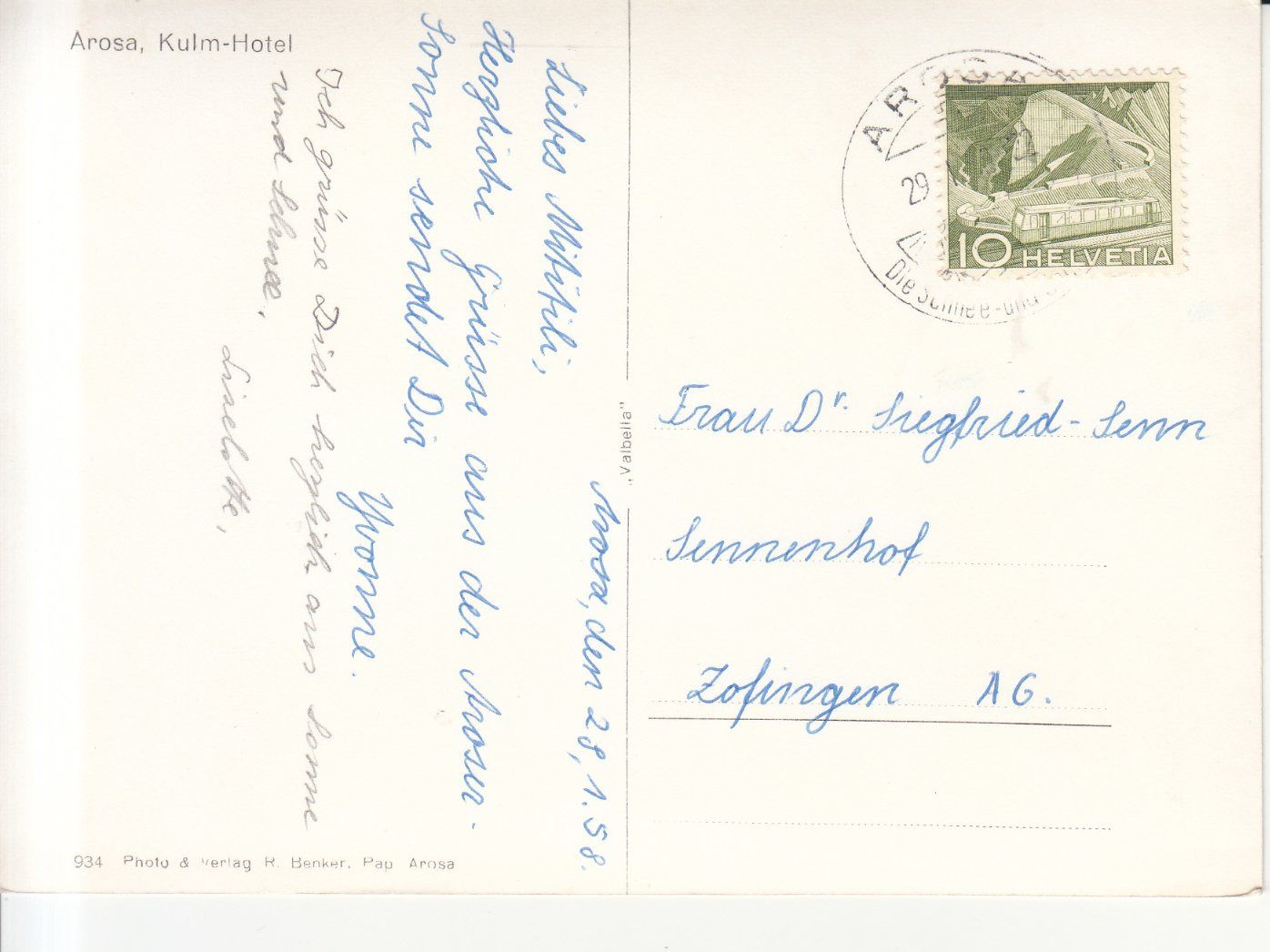 Cartoline postali: Arosa 1958 – Usato da Bürglen TG venduto da StampGraf 1