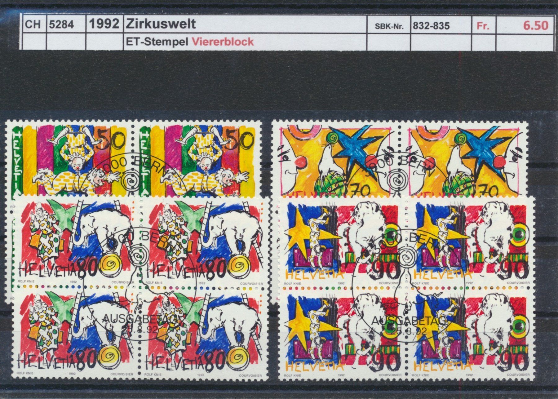 Tutti i francobolli: 1992 "Zirkuswelt", Viererblock, ET - Stempel – Usato da Winterthur venduto da Zupogeru
