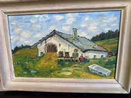 Tableau Paysage Ferme  Signé Von Gunt huile sur carton