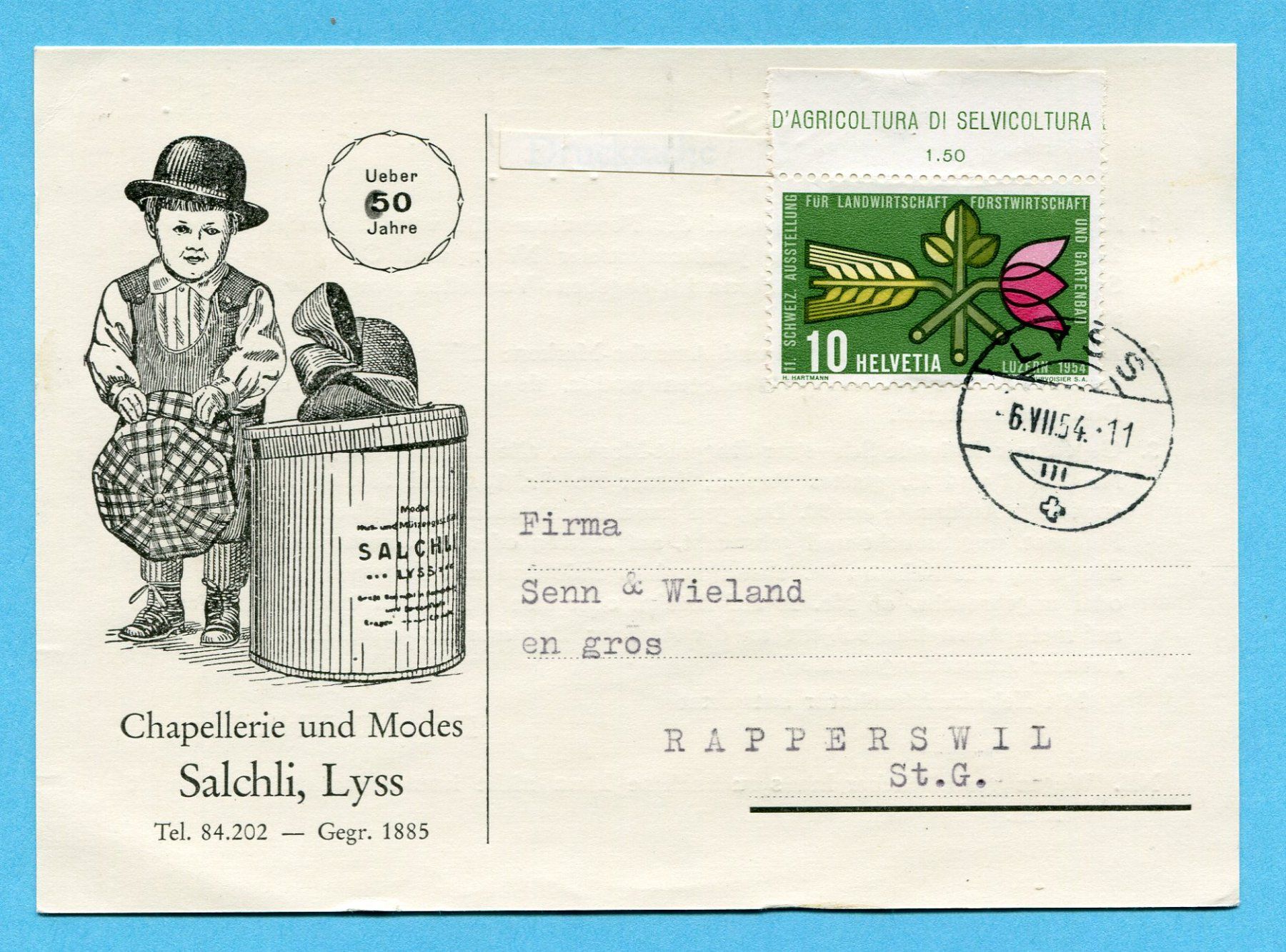 Alle Briefmarken: Illustrierte Postkarte Lyss 1954 - Absender: Ernst Salchli – Gebraucht aus Opfikon von Prophila