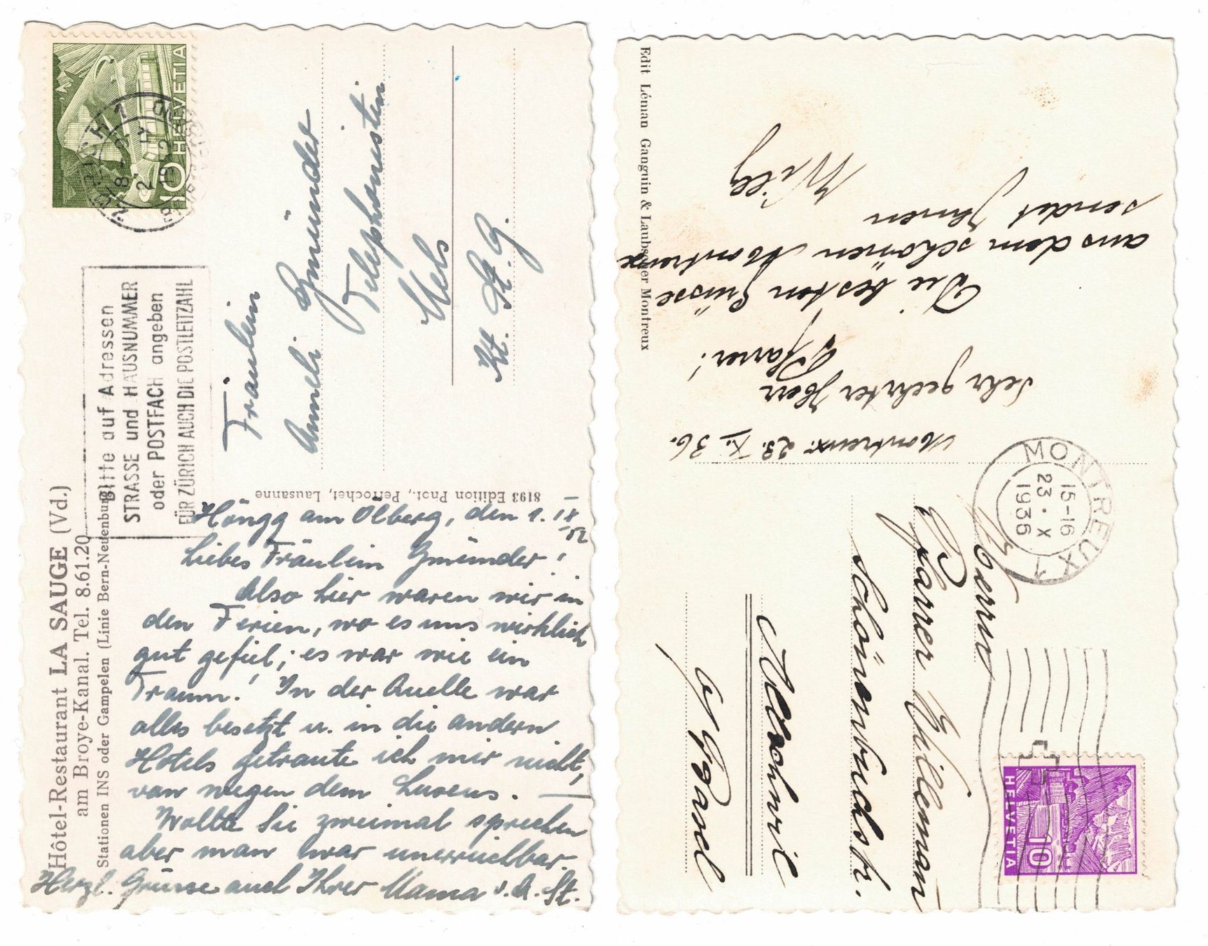 Cartoline postali: 2 Ansichtskarten (Château de Chillon, Rest. La Sauge, Broye) – Usato da Küsnacht ZH venduto da scholli58 1