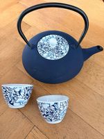 Cast iron tea set blue with floral pattern [new, unused]