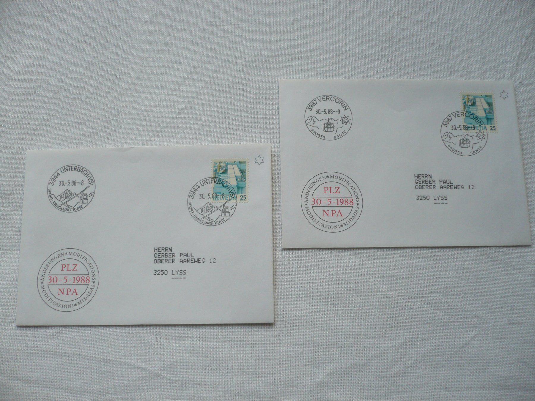 Alle Briefmarken: Werbedatumstempel - ET 3944 Unterbäch / 3967 Vercorin – Gebraucht aus Zürich von saltandpepper008