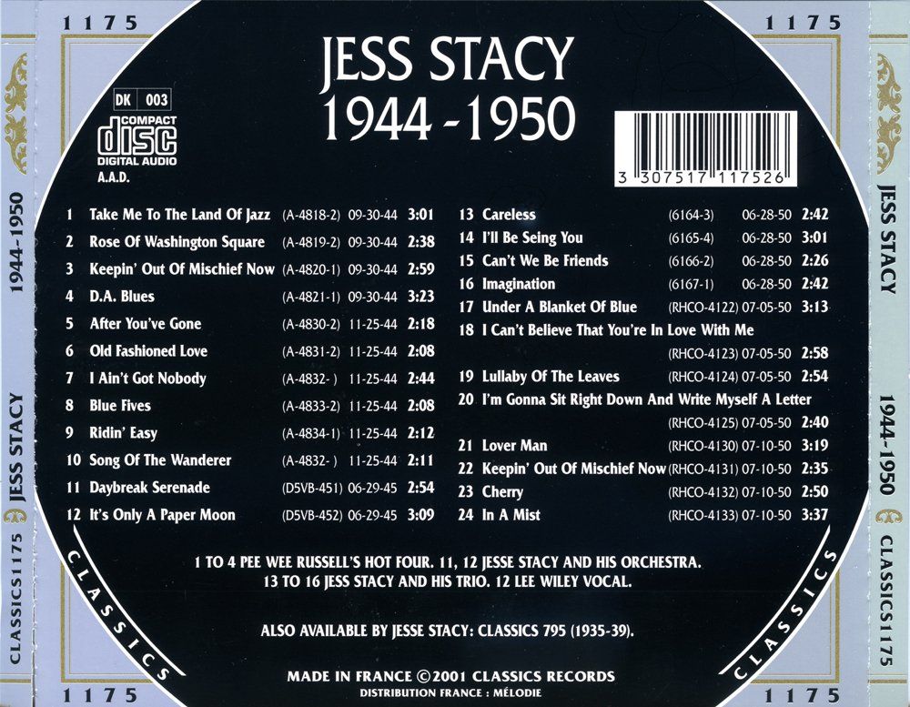 CD: Jazz-CD:  Jess Stacy 1944 - 1950  (Classics) – Usato da Hochfelden venduto da mue_lhm9 3