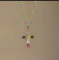 Goldkette mit Kreuz Anhänger bunt Strass neu