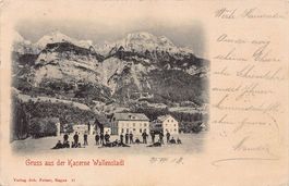 Gruss aus der Kaserne Wallenstadt, gelaufen 1903, s. Stempel
