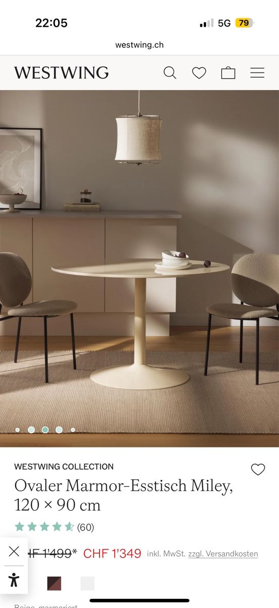 Tables: Westwing Miley Esstisch oval Marmor – D'occasion à Dietlikon par f.a.1975 1