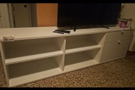 Meuble TV blanc, avec rangements et tiroirs – Neuf!