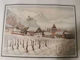 Lithographie koloriert Sepp Büchner Vaduz im Winter limitier
