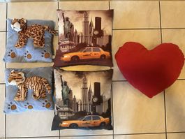 5-teiliges Deko Kissen Set, Herz, New York, Leopard, Tiger