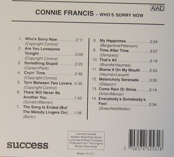 CD: Connie Francis - Who's sorry now – Usato da Grüningen venduto da azulgris 1