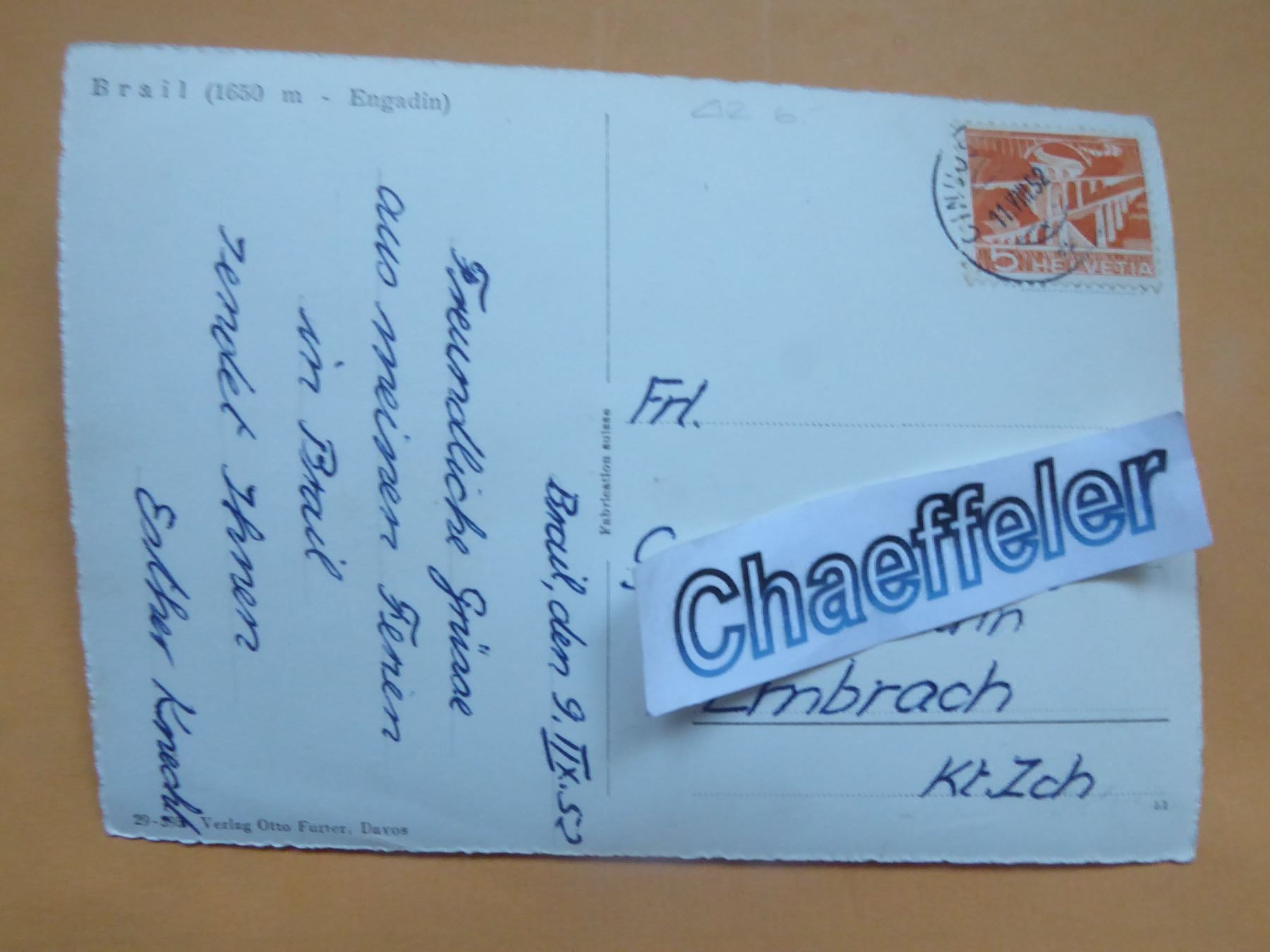 Ansichtskarten: 1952 Brail  Engadin – Gebraucht aus Zürich von Chaeffeler 1