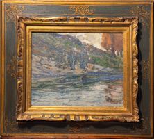 Dipinto antico, olio su tavola, paesaggio fluviale, Sacheri