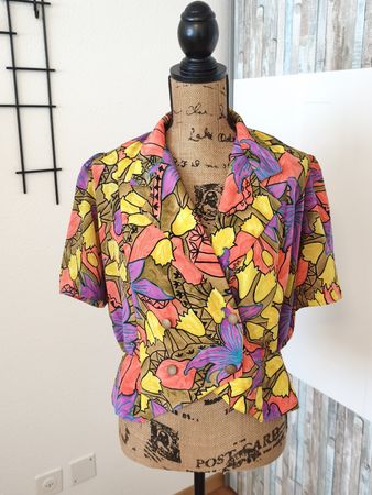 Bluse kurzarm bunt gemustert Polyester Made in France Gr.M
