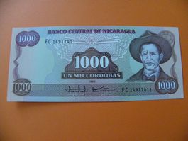 Nicaragua 1000 Cordobas Geldschein 1985, P-157, Unc Zustand