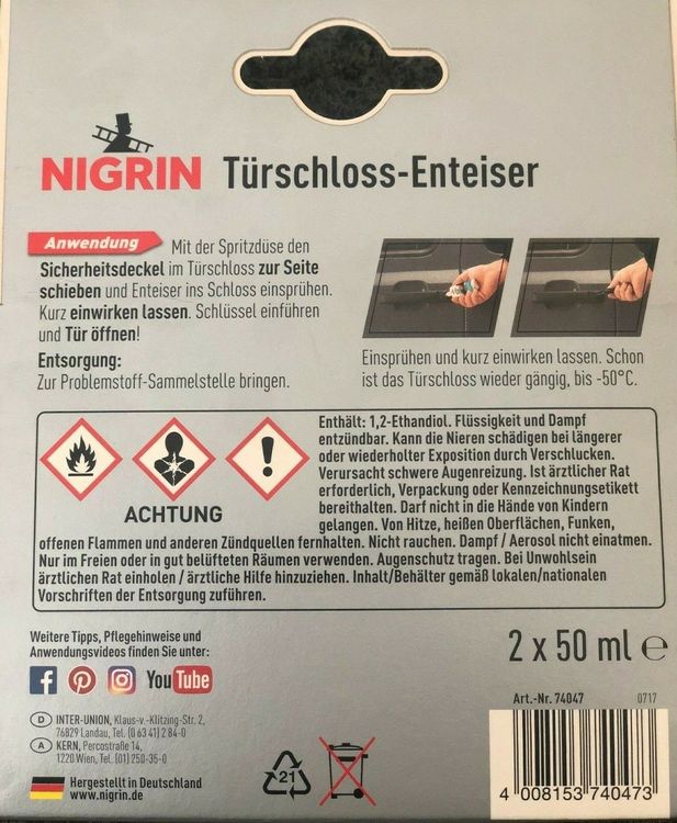 2 St. 50 ml Türschloss Enteiser Nigrin Neu