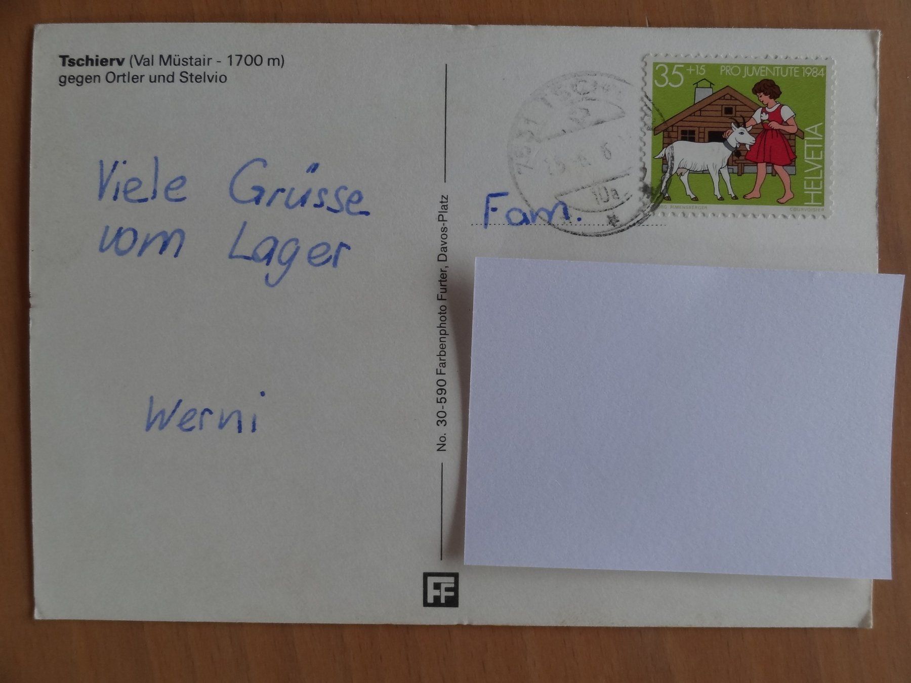 Ansichtskarten: Tschierv - Val Müstair - GR - 1984 – Gebraucht aus St Léonard von Riglin 1