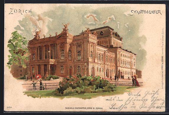 Cartoline postali: Litho Zürich, Stadttheater mit Flaneure – Usato da Berlin venduto da bartko-reher