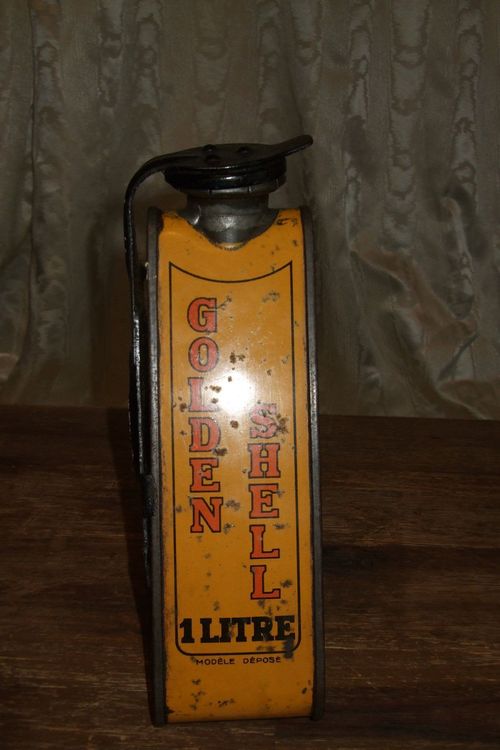 Antike Blech Oil Shell Dose / Kanister 1 Liter mit Halterung