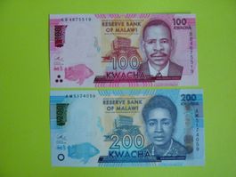 2 Banknoten Malawi 100 und 200 Kwacha, Unz