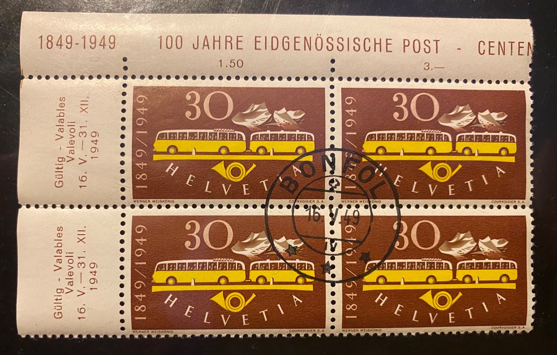Alle Briefmarken: 1949 Serie VB ET "Bonfol" 100 J. eidg. Post + 75 J. Weltpost – Neu (gemäss Beschreibung) aus Schnottwil von Chasarmar 3