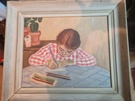 Original Ölgemälde "Kind beim Malen" - Signiert P. Fels