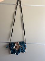 Embroidered Bag With Tassels Teal Brown Floral