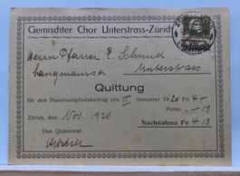 ZH, Ganzsache,  Gemischter Chor Unterstrass, 1920 gelaufen