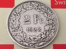 2 Franken 1922 ss+, selten nur 0,4 Mio!