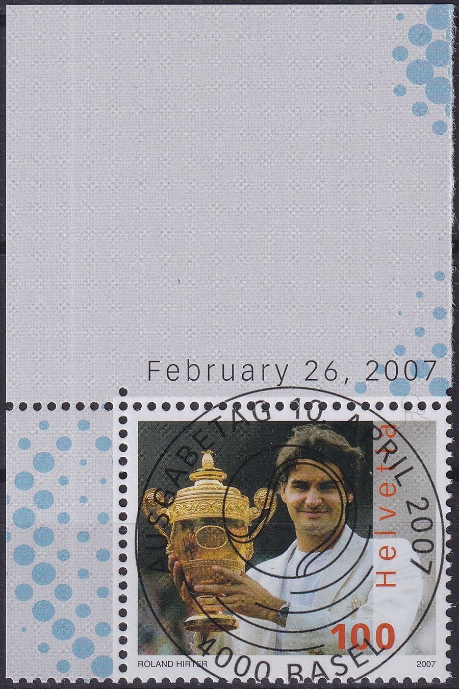 Tutti i francobolli: 2007, Nr.1229 "Roger Federer" mit ET-Voll-Stempel + ECKTABS. – Usato da Sursee venduto da Luzernerraute